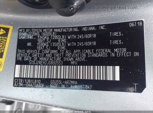 5TDJZRFH2JS892553 2018 TOYOTA LE Серебряный Вид подкапотного пространства