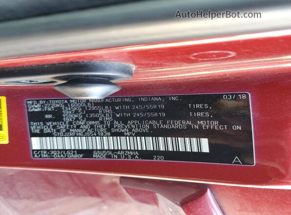 5TDJZRFH6JS541838 2018 TOYOTA HIGHLANDER Красный Вид наклейки с VIN-кодом