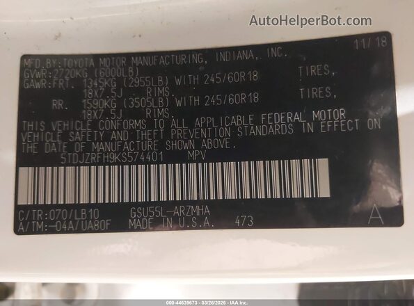 5TDJZRFH9KS574401 2019 TOYOTA LE White Widok komory silnika