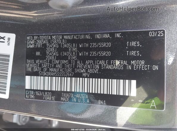 5TDKDRAH5SS552647 2025 TOYOTA LIMITED Gray Engine compartment view