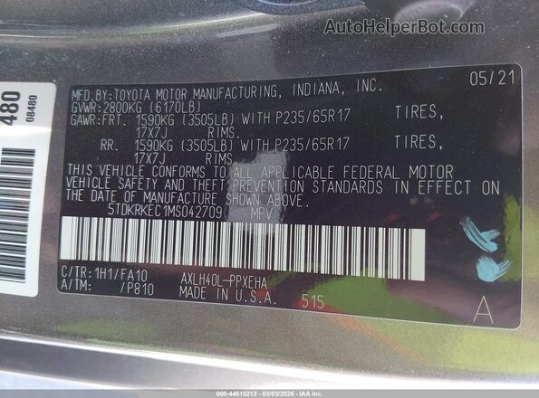 5TDKRKEC1MS042709 2021 TOYOTA LE Gray Вид підкапотного простору
