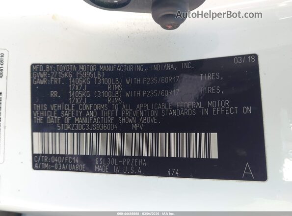 5TDKZ3DC3JS936004 2018 TOYOTA LE White Widok komory silnika