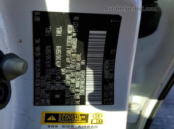 5TDKZRFH6KS348580 2019 TOYOTA HIGHLANDER Белый 