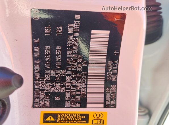5TDKZRFH7KS353514 2019 TOYOTA HIGHLANDER White Widok naklejki z numerem VIN