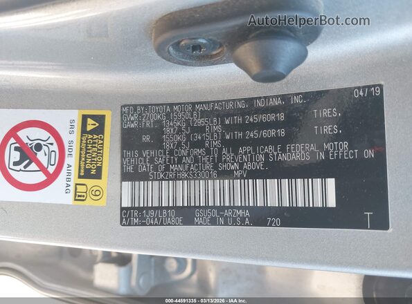 5TDKZRFH8KS330016 2019 TOYOTA LE Серебряный Вид подкапотного пространства