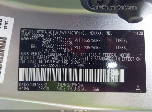 5TDXRKEC5MS005619 2021 TOYOTA SIENNA Silver Engine compartment view