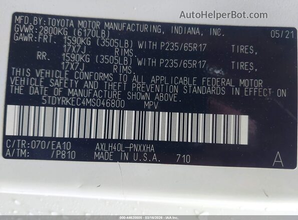 5TDYRKEC4MS046800 2021 TOYOTA LE White Շարժիչի բաժամունքի տեսք