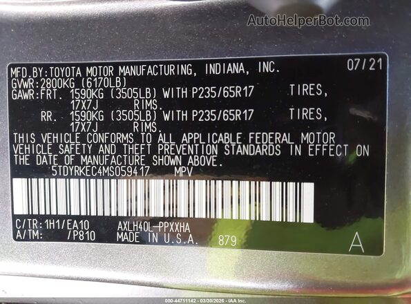 5TDYRKEC4MS059417 2021 TOYOTA LE Black Вид підкапотного простору