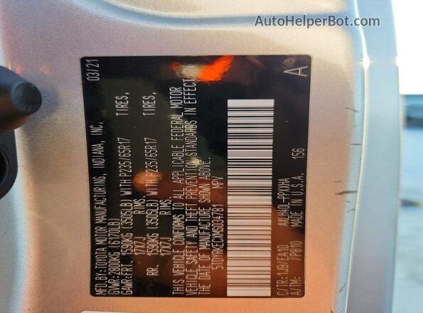 5TDYRKECXMS034781 2021 TOYOTA SIENNA Silver VIN կոդի պիտակի տեսք