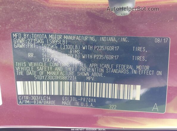 5TDYZ3DC0HS882214 2017 TOYOTA LE Maroon Widok komory silnika