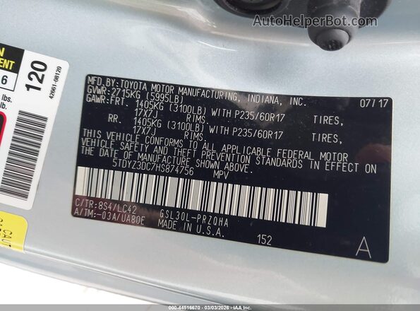 5TDYZ3DC7HS874756 2017 TOYOTA LE Blue Engine compartment view