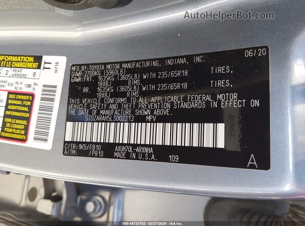 5TDZARAH5LS002213 2020 TOYOTA LE Blue Engine compartment view