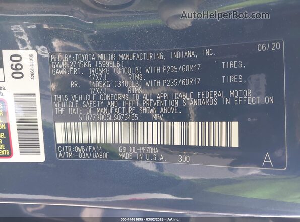 5TDZZ3DC5LS073465 2020 TOYOTA SIENNA Blue Vista del compartimento del motor