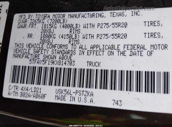 5TFAY5F19KX814703 2019 TOYOTA TUNDRA Gray Vista del compartimento del motor