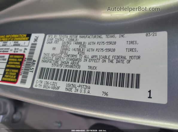 5TFAY5F19MX003938 2021 TOYOTA TUNDRA Silver Widok komory silnika
