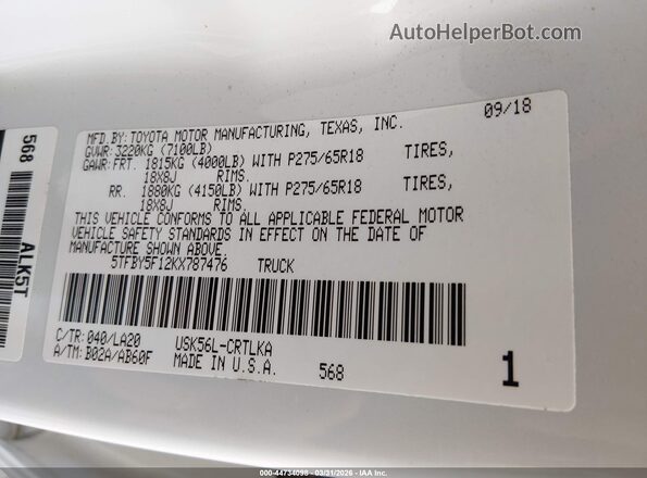 5TFBY5F12KX787476 2019 TOYOTA LIMITED White Շարժիչի բաժամունքի տեսք