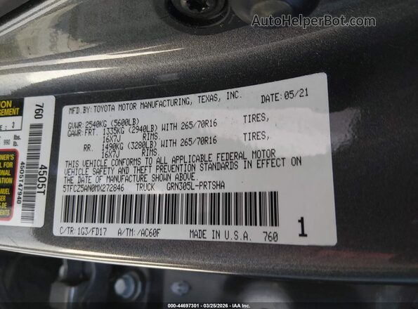 5TFCZ5AN0MX272846 2021 TOYOTA TACOMA Gray Շարժիչի բաժամունքի տեսք