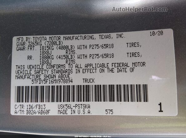 5TFDY5F16MX978894 2021 TOYOTA TUNDRA Silver Widok komory silnika