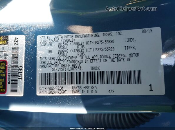 5TFDY5F1XLX877341 2020 TOYOTA TUNDRA Синий Вид подкапотного пространства