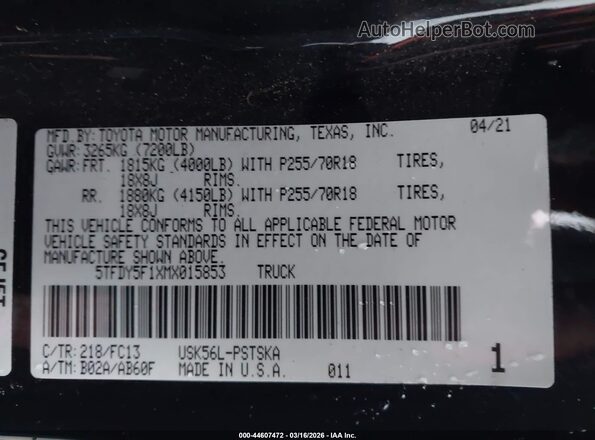 5TFDY5F1XMX015853 2021 TOYOTA TUNDRA Черный Вид подкапотного пространства