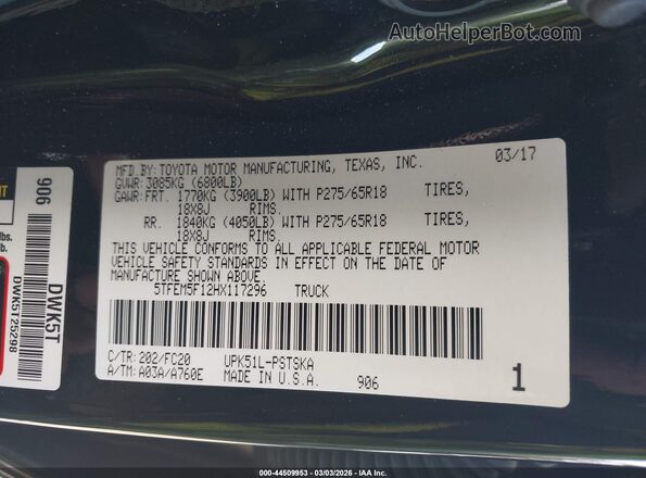 5TFEM5F12HX117296 2017 TOYOTA TUNDRA Black Engine compartment view