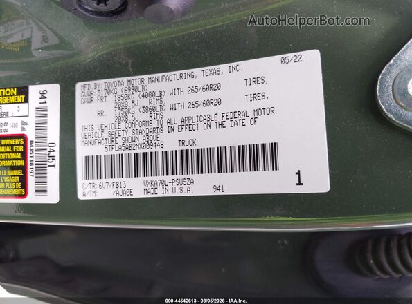 5TFLA5AB2NX009448 2022 TOYOTA TUNDRA Green Engine compartment view