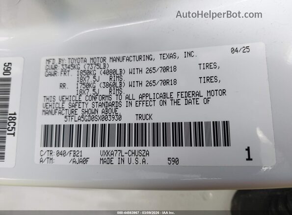 5TFLA5GD0SX003930 2025 TOYOTA TUNDRA Белый Вид подкапотного пространства