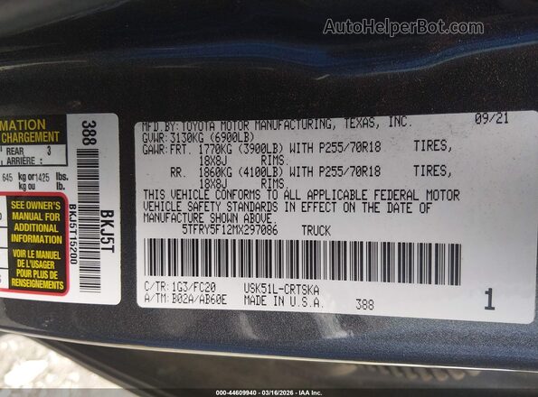5TFRY5F12MX297086 2021 TOYOTA TUNDRA Gray ძრავის განყოფილების ხედი