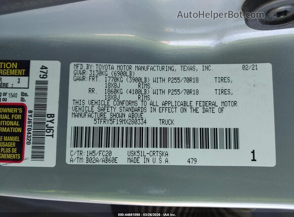 5TFRY5F19MX280334 2021 TOYOTA TUNDRA Серый Вид подкапотного пространства