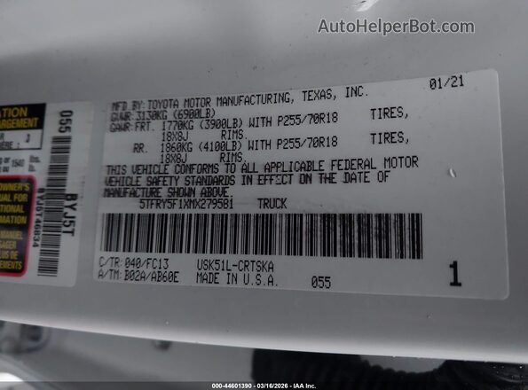 5TFRY5F1XMX279581 2021 TOYOTA TUNDRA White Вид підкапотного простору