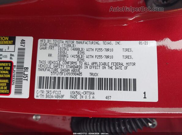 5TFUY5F1XMX998405 2021 TOYOTA TUNDRA Red Widok komory silnika