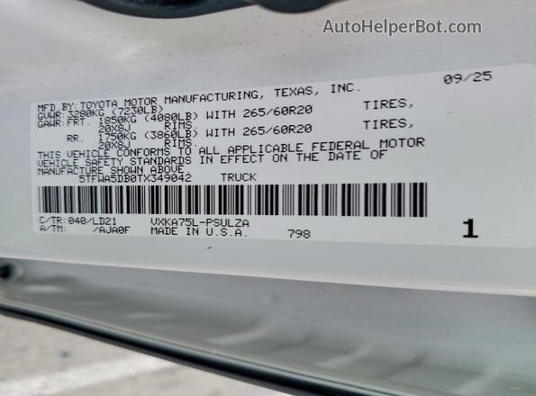 5TFWA5DB0TX349042 2026 TOYOTA LIMITED White Vista de la etiqueta del VIN