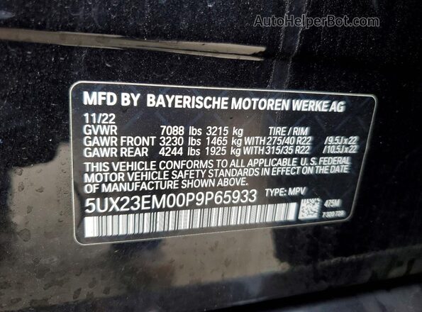 5UX23EM00P9P65933 2023 BMW X7 Black Vista de la etiqueta del VIN
