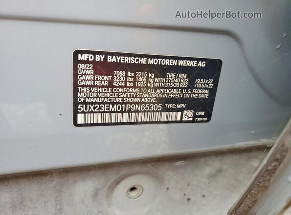 5UX23EM01P9N65305 2023 BMW X7 Silver VIN კოდის სტიკერის ხედი