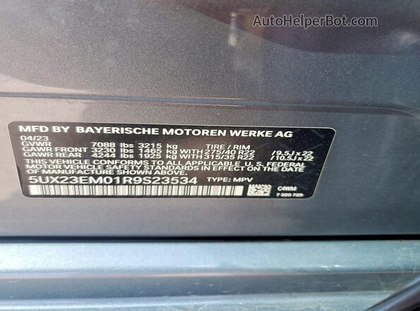 5UX23EM01R9S23534 2024 BMW X7 Gray Widok naklejki z numerem VIN