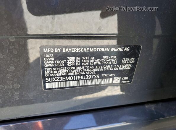 5UX23EM01R9U39738 2024 BMW X7 Charcoal Widok naklejki z numerem VIN