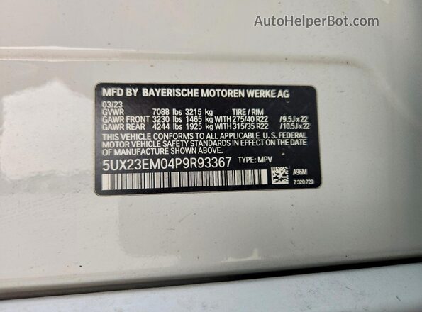 5UX23EM04P9R93367 2023 BMW X7 White Սալոնի 360 աստիճան տեսք