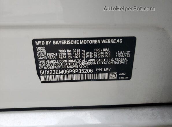 5UX23EM06P9P35206 2023 BMW X7 White VIN კოდის სტიკერის ხედი
