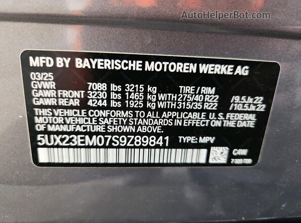 5UX23EM07S9Z89841 2025 BMW X7 Серебряный Вид наклейки с VIN-кодом