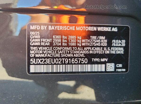 5UX23EU02T9165750 2026 BMW X5 Gray Widok wnętrza 360 stopni