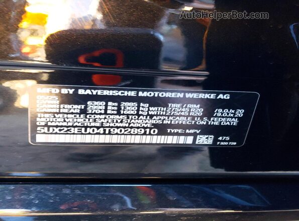 5UX23EU04T9028910 2026 BMW X5 Black VIN კოდის სტიკერის ხედი