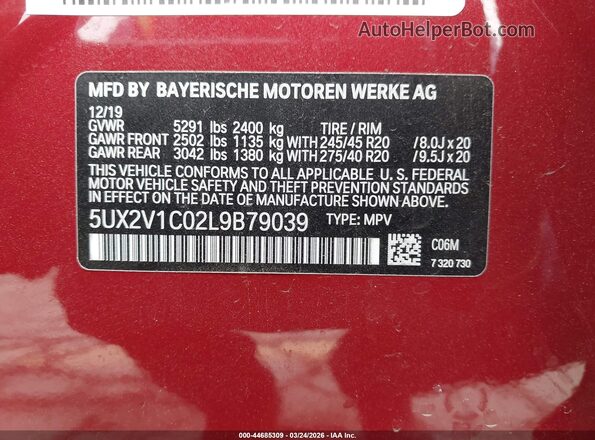 5UX2V1C02L9B79039 2020 BMW X4 Red Вид підкапотного простору