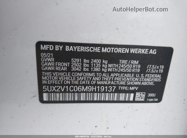 5UX2V1C06M9H19137 2021 BMW X4 White Շարժիչի բաժամունքի տեսք