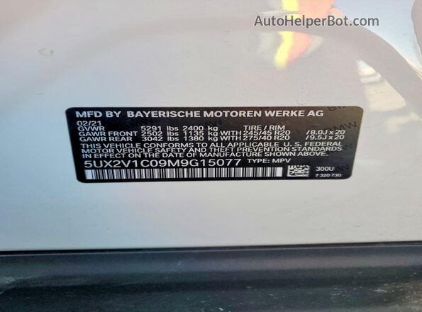 5UX2V1C09M9G15077 2021 BMW X4 White VIN sticker view