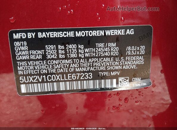 5UX2V1C0XLLE67233 2020 BMW X4 Red 