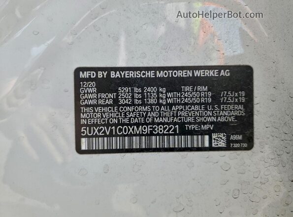 5UX2V1C0XM9F38221 2021 BMW X4 White Vista de la etiqueta del VIN