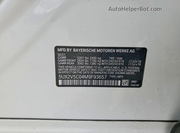 5UX2V5C04M9F93657 2021 BMW X4 Black Vista de la etiqueta del VIN