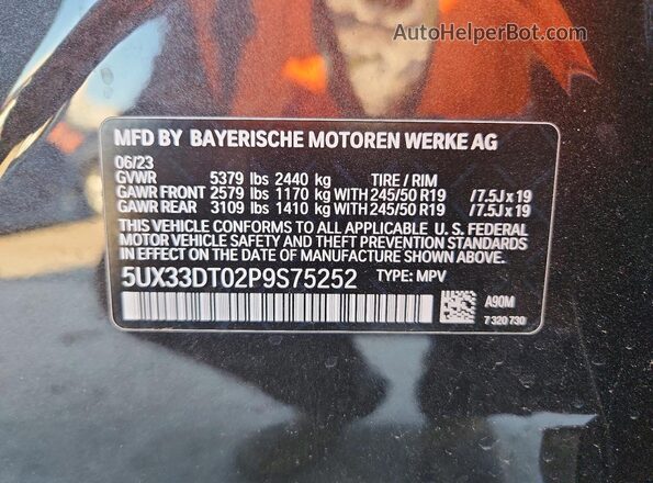 5UX33DT02P9S75252 2023 BMW X4 Charcoal VIN sticker view