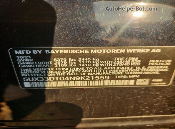 5UX33DT04N9K21559 2022 BMW X4 Black Widok naklejki z numerem VIN