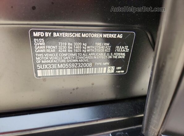 5UX33EM05S9Z32008 2025 BMW X7 Black Вид наклейки з VIN-кодом